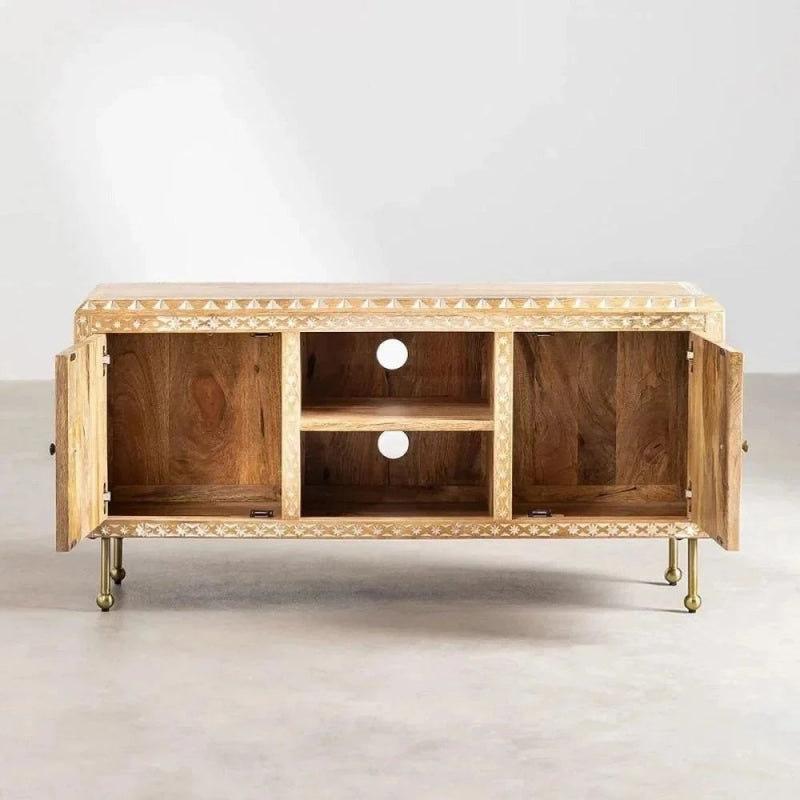 Albaron entertainment console with an open center and cabinet storage on both sides, shown in a front view.