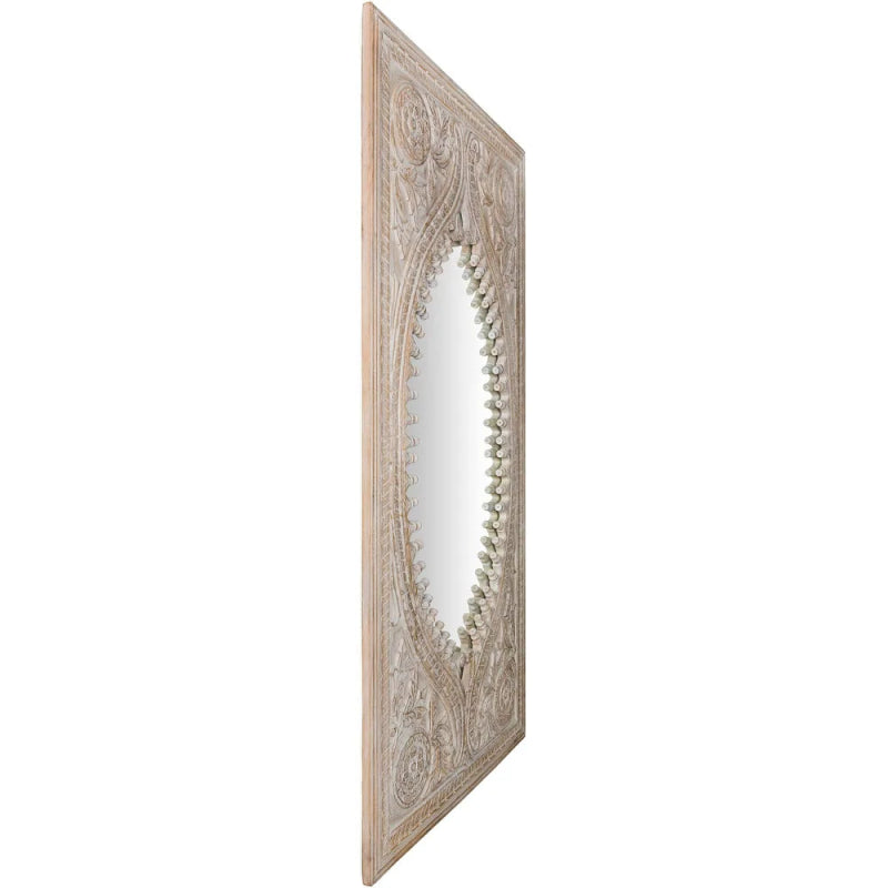 Rectangular rustic accent mirror in solid wood, side profile view revealing frame depth and raised floral carvings.