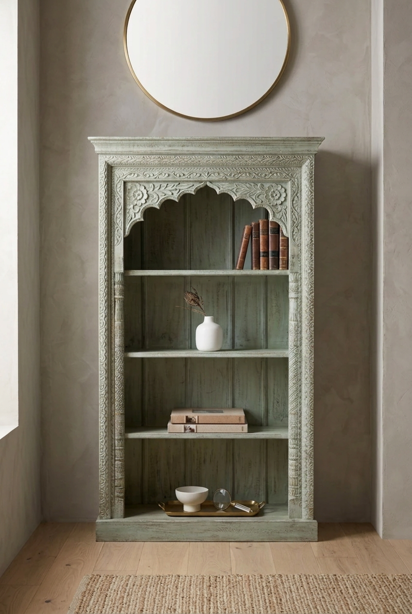 Rustic arched wood bookcase, styled in living room beneath a round mirror with books, a white vase and a tray.