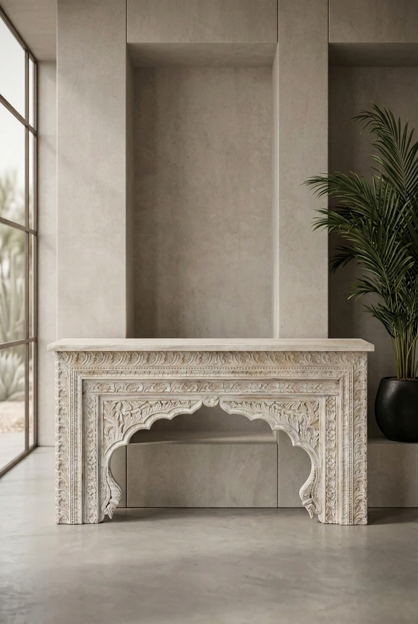 Rustic carved console table in wood, styled in entryway beside a tall window and potted palm, with a scalloped arch.