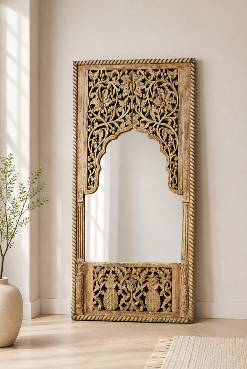Rustic carved wood mirror, front view against a light wall, with an arched opening, floral panels and rope trim.