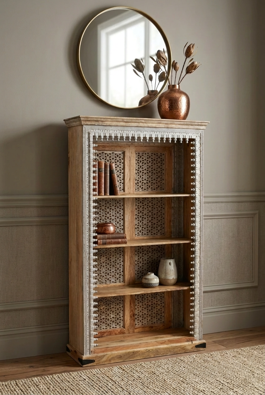 Rustic hand-carved bookcase in solid wood, styled in living room with books, pottery and a round mirror above.