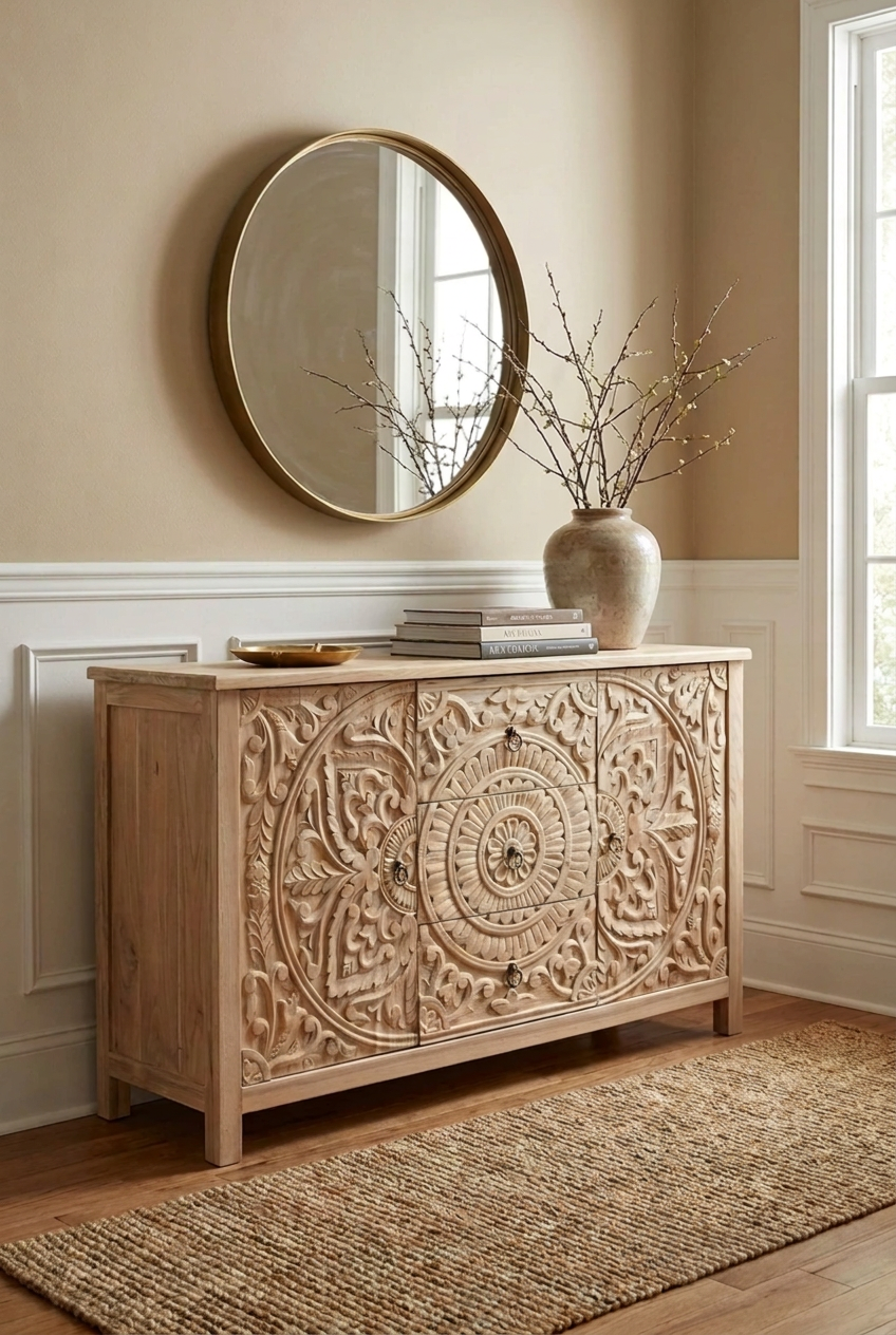 Rustic Mandala Carved Sideboard in solid wood, styled in entryway beneath a round mirror with books and a vase.