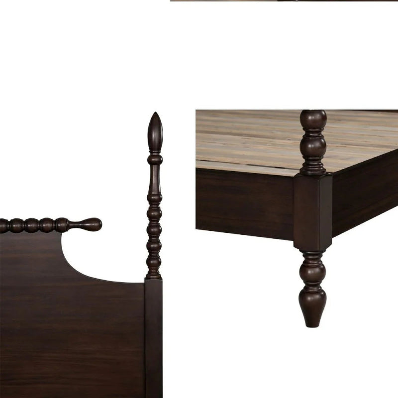 Handmade dark wood bed frame with tall decorative posts.