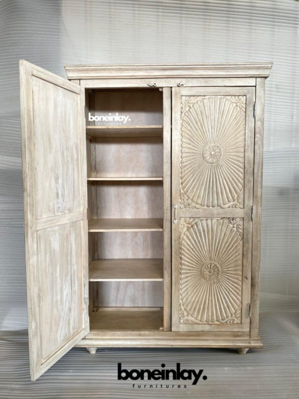 Sunburst Carved wooden long Cabinet in rustic wood, open door view showing the interior shelves.