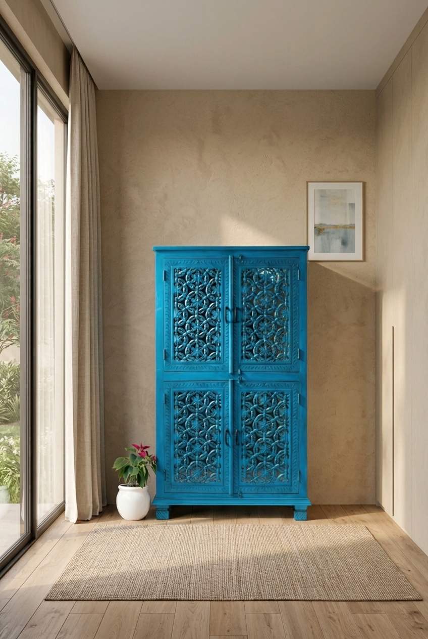 Teal carved wood armoire styled in entryway beside a tall window, with four floral lattice doors and block feet.
