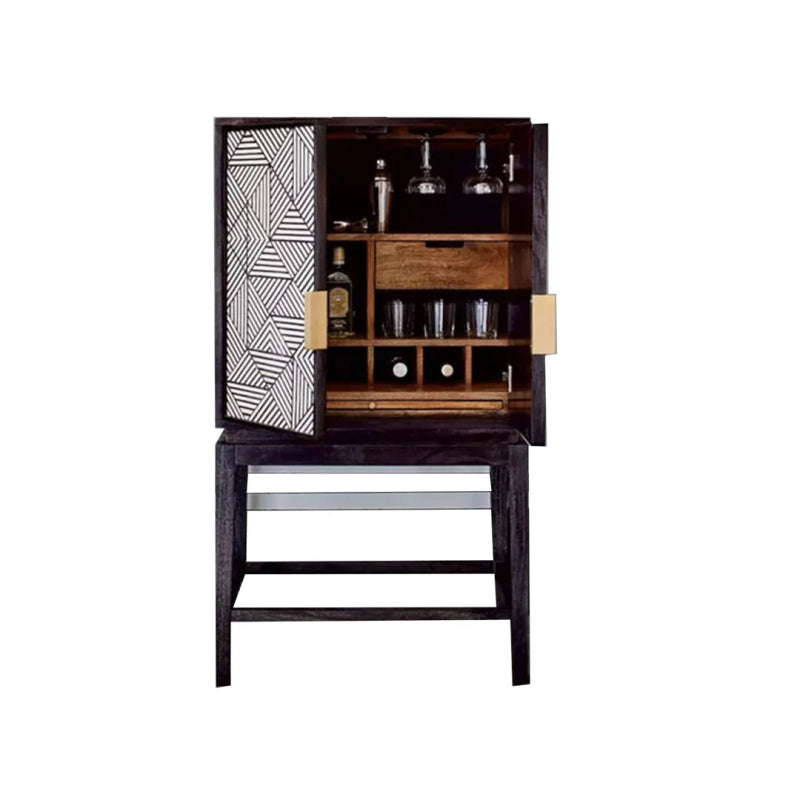 Open Two Door Bone Inlay Bar Cabinet Showing Bottle Storage, Glassware Compartments and Geometric Inlay Door Panel