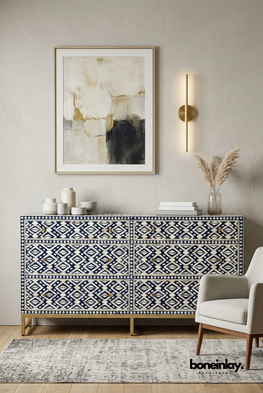 Luxury Navy Blue Diamond Bone Inlay Chest: Six-Drawer Statement Piece