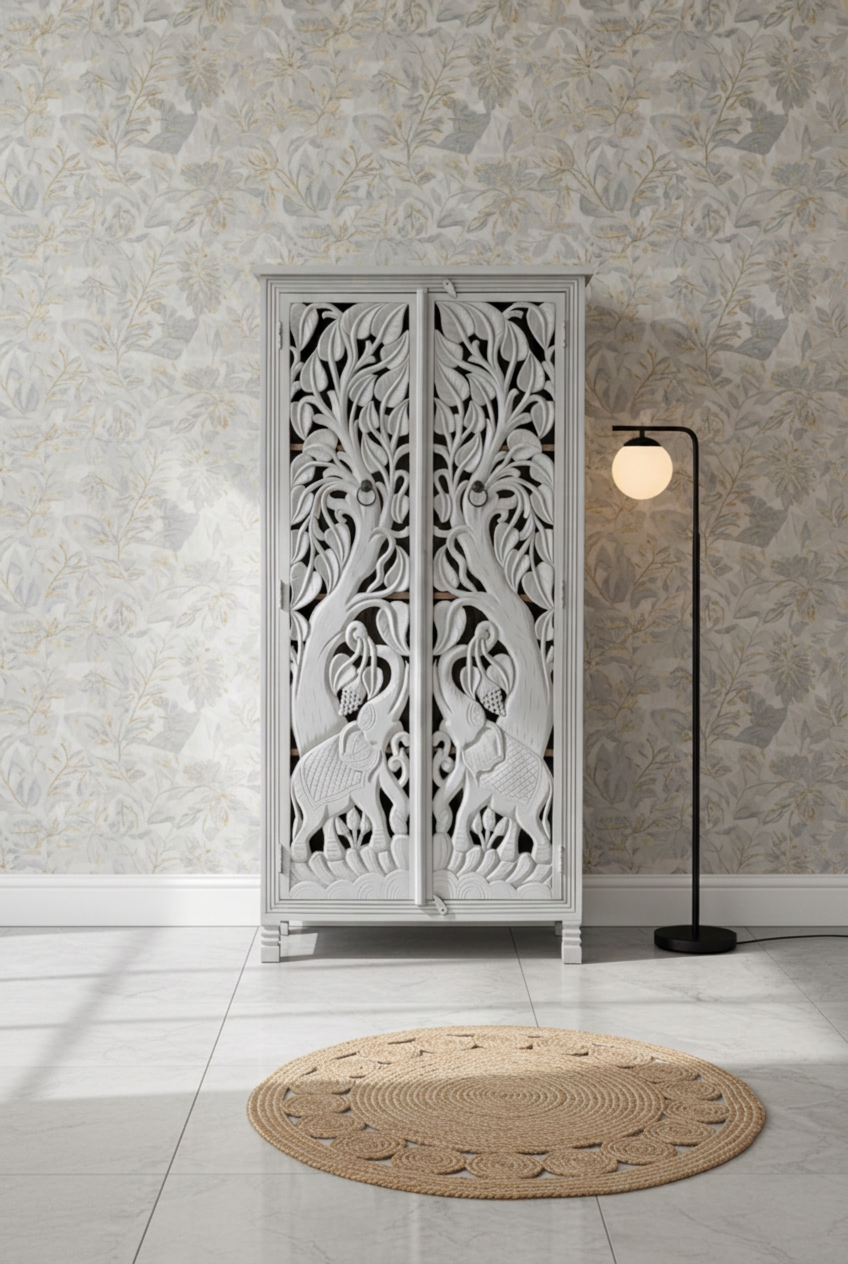 White Carved Jungle Armoire in a full front view, showing twin arched doors and decorative panels in a room setting.