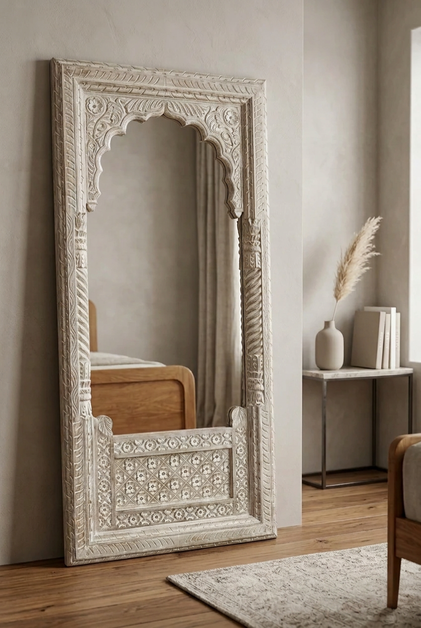 Whitewash arch floor mirror in carved solid wood, styled in bedroom beside a console with a vase and books.