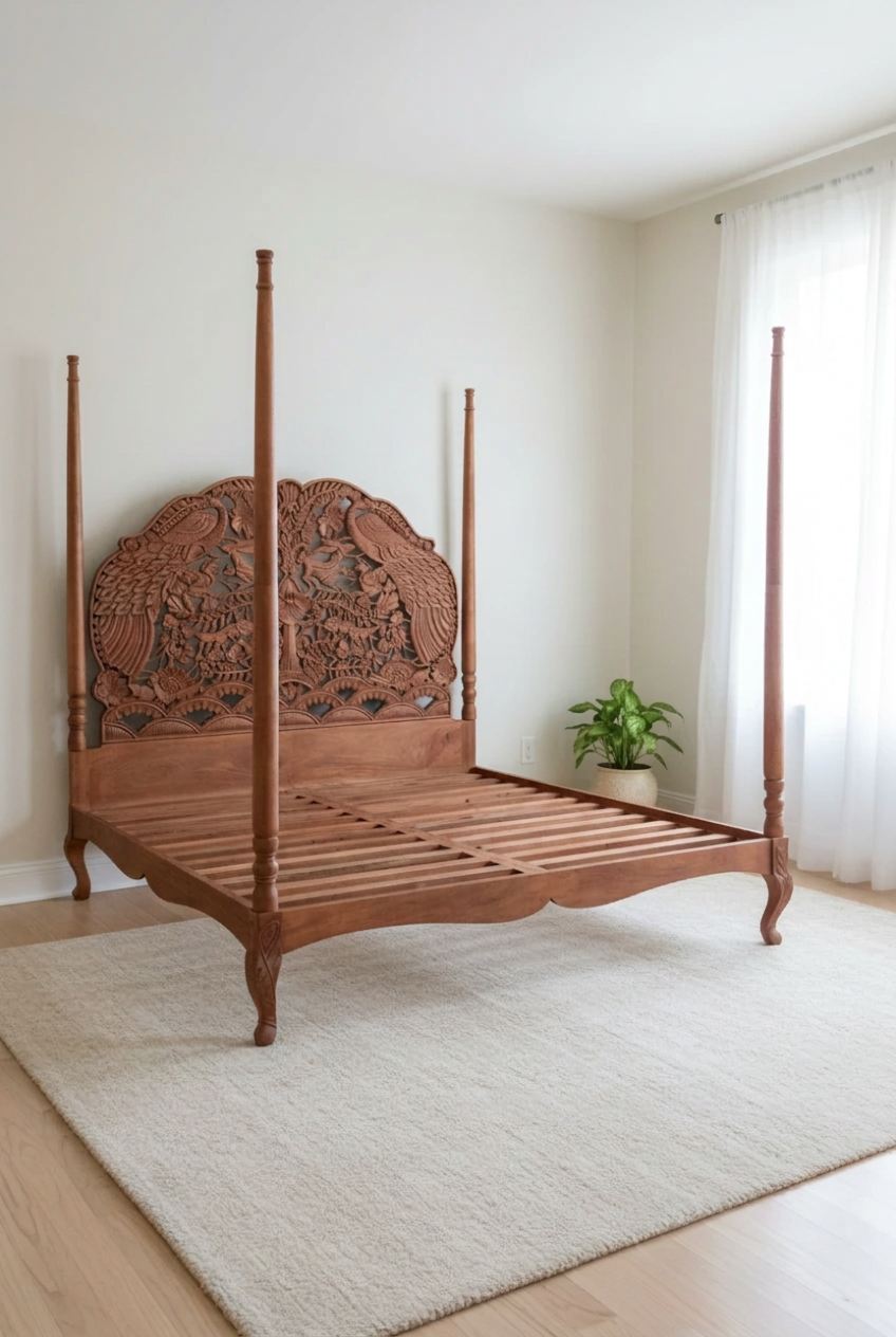 A hand-carved solid wood four-poster bed in a bright bedroom, featuring an intricate peacock relief carving on the headboard and a warm natural wood finish.