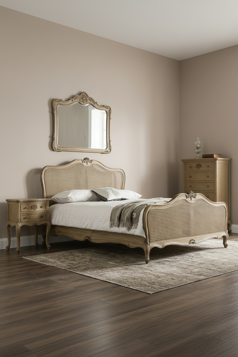 French Design Bohemian Style Carved Caned Bedroom Set - 5 Pieces