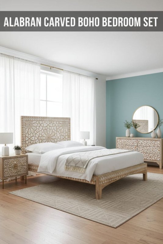 Hand-Carved Natural Wood Boho Bedroom Set - Alabran Collection – Bone ...