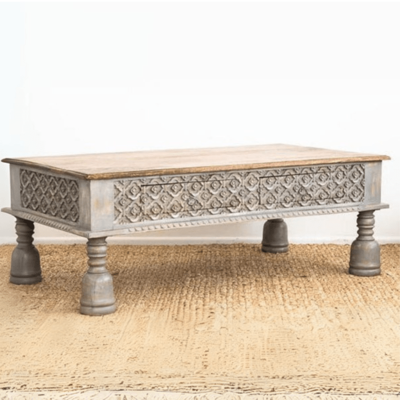 Antique Indian Hand Carved Wooden Coffee Table with Two Drawers Coffee Table - Bone Inlay Furnitures