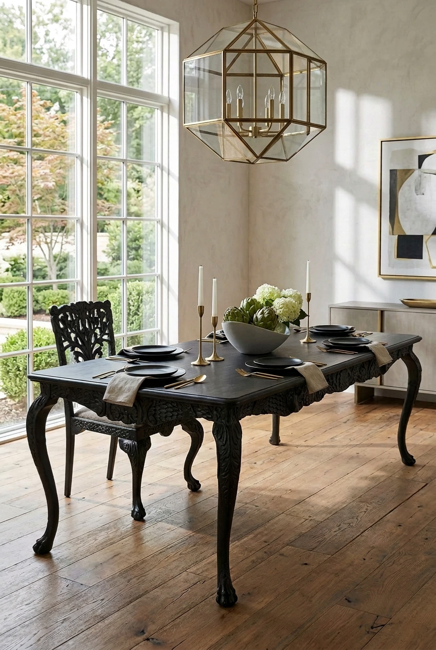 Ebony Menagerie dining table in solid wood, styled in a living room with an ornate apron and curved legs.