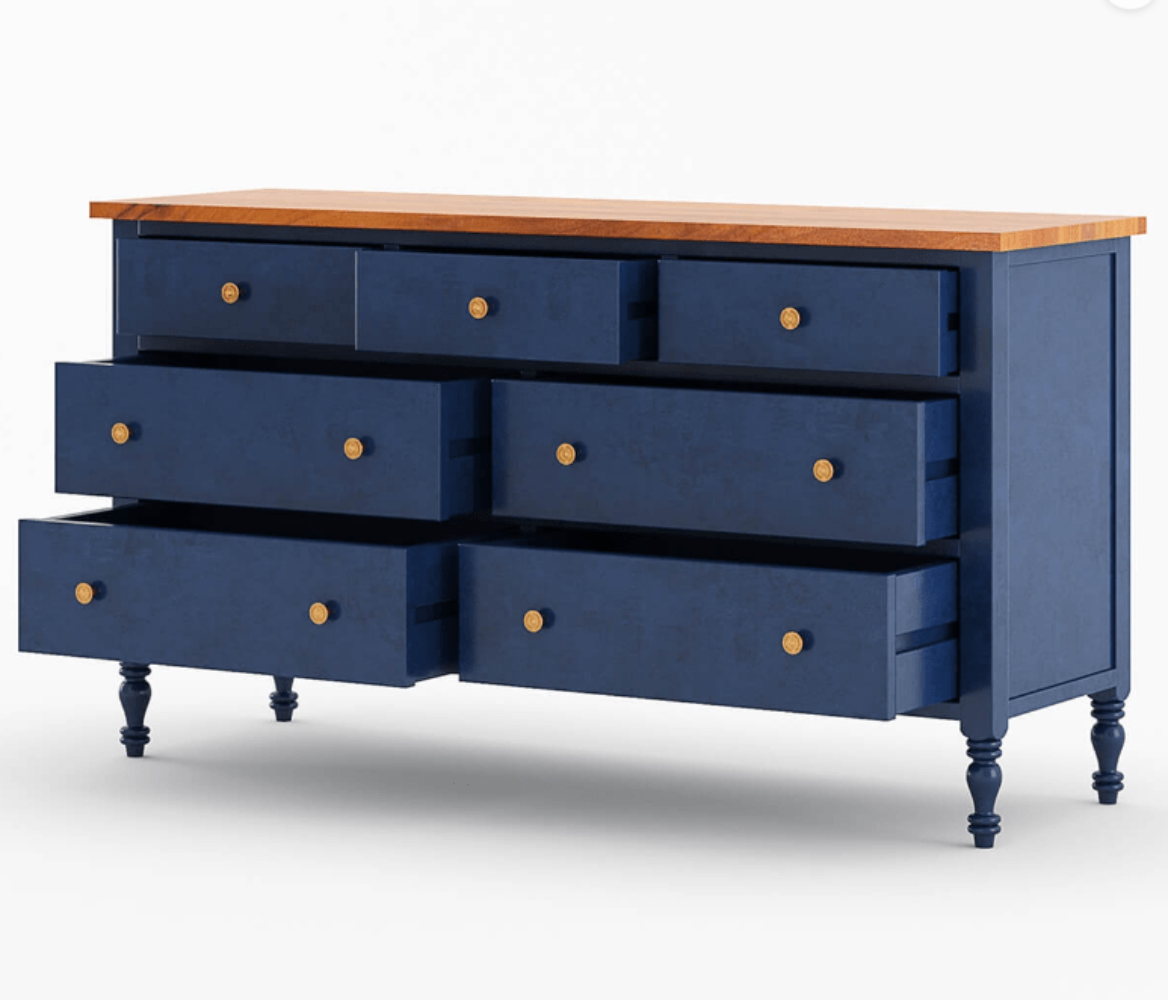 Blue Wooden Hand Carved Chest of Seven Drawer Dresser
