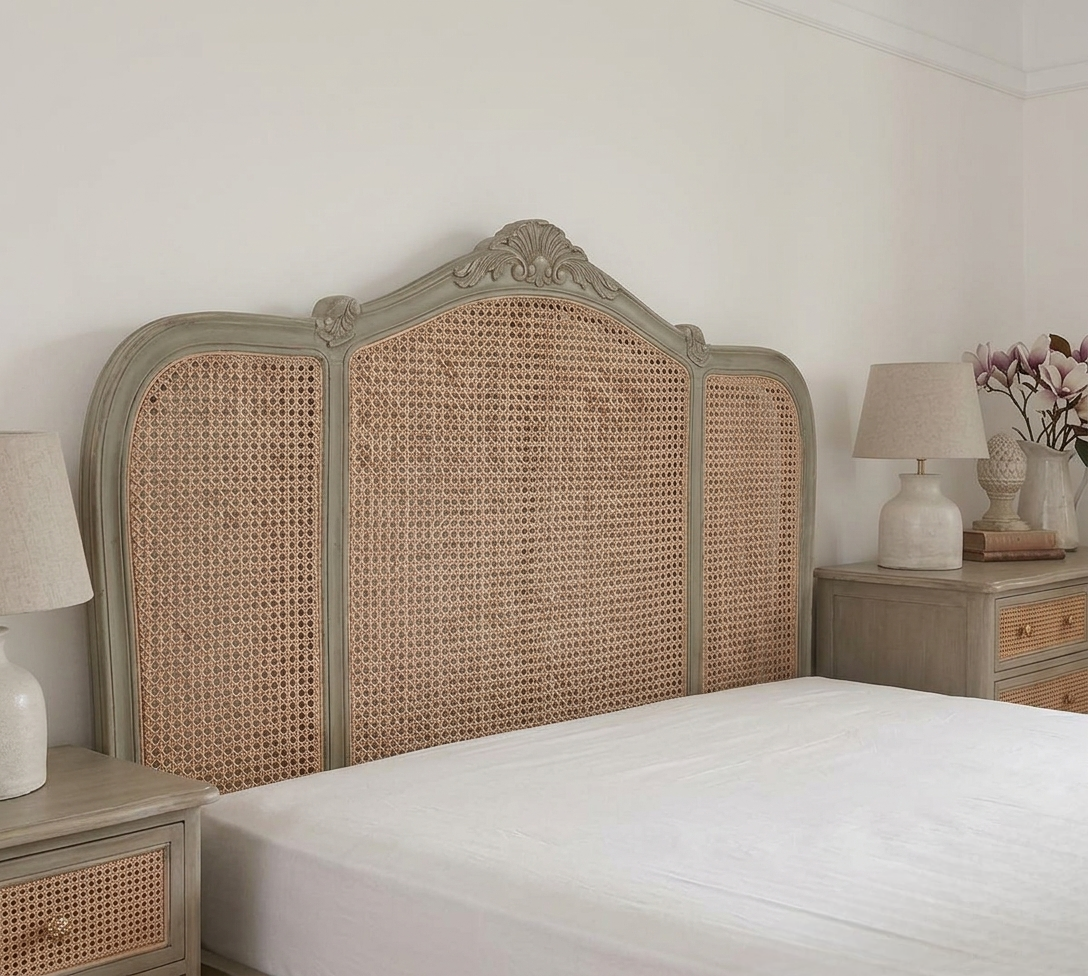 boho-chic-carved-louis-xv-cane-platform-bed - close up headboard