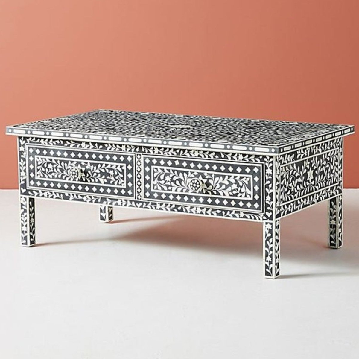 Handmade Rectangle Grey Bone Inlay Coffee Table with Two Drawers