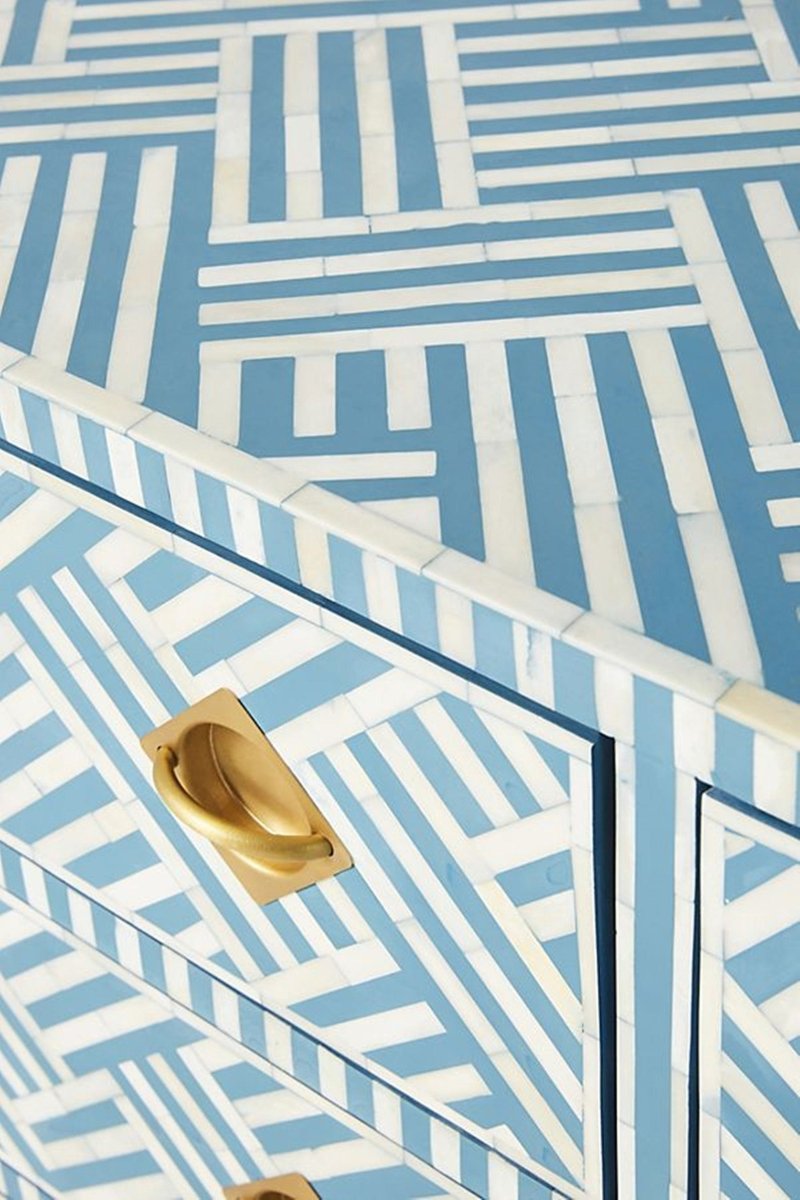 Handmade Bone Inlay Herringbone Optical Chest of Six Drawers