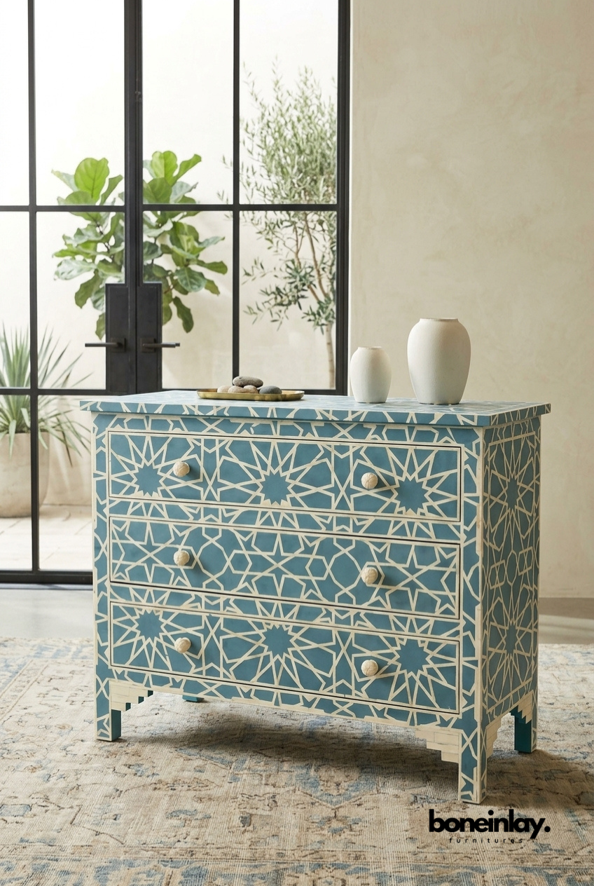 Handcrafted Geometric Star Bone Inlay Three-Drawer Dresser