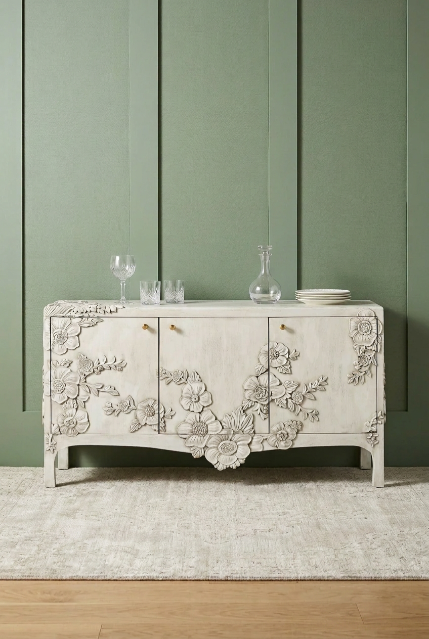 Hand Carved White Floral Wooden Sideboard Cabinet with Three Door Storage