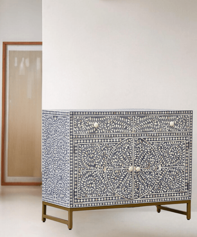 Grey Scroll Vine Handmade Sideboard | Bone Inlay Farmhouse Style Buffet & Sideboard - Bone Inlay Furnitures