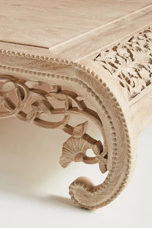 Hand - Carved Artisanal Floral Motif Wooden Center Coffee Table coffee table - Bone Inlay Furnitures