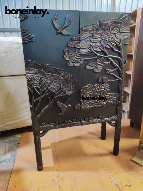Hand Carved Black Color Land & Sky Bar Cabinet | Liquor Cabinetry furniture Cabinet - Bone Inlay Furnitures