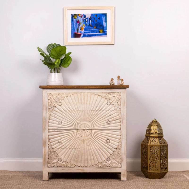 Sunburst Hand-Carved Boho Design Whitewash 3-Drawer Dresser Sunburst Hand-Carved Boho Design Whitewash 3-Drawer Dresser