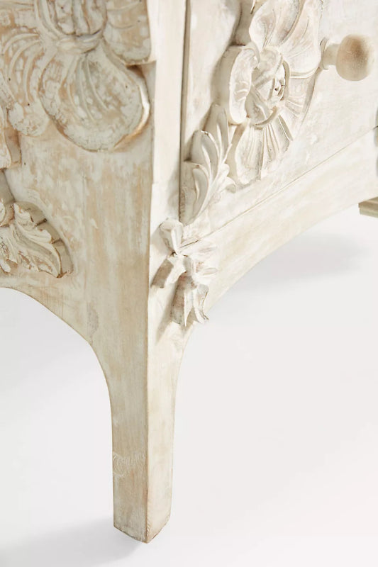 Hand Carved Enchantment Three Drawer Dresser Flower Design in White Color Chest of Drawers - Bone Inlay Furnitures