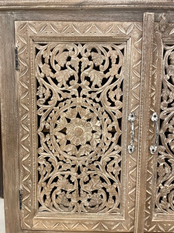 Hand Carved Floral Design Mirror Sideboard Cabinet with Four Doors Buffet & Sideboard - Bone Inlay Furnitures