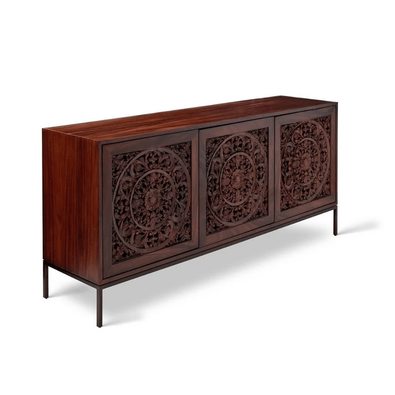 Hand-Carved Mandala Wooden Media Unit Four Door Credenza