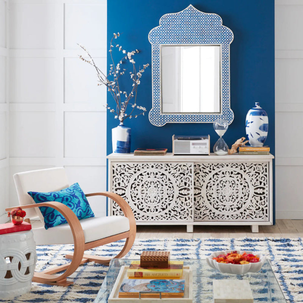 Hand Carved Solid Wooden White Media Console Media Console Table