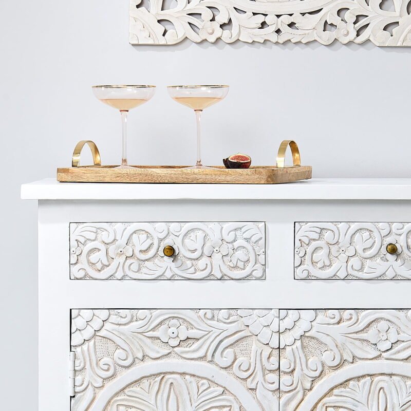 Hand Carved Storage Cabinet | Wooden Hand Carved Small Sideboard Cabinet - Bone Inlay Furnitures