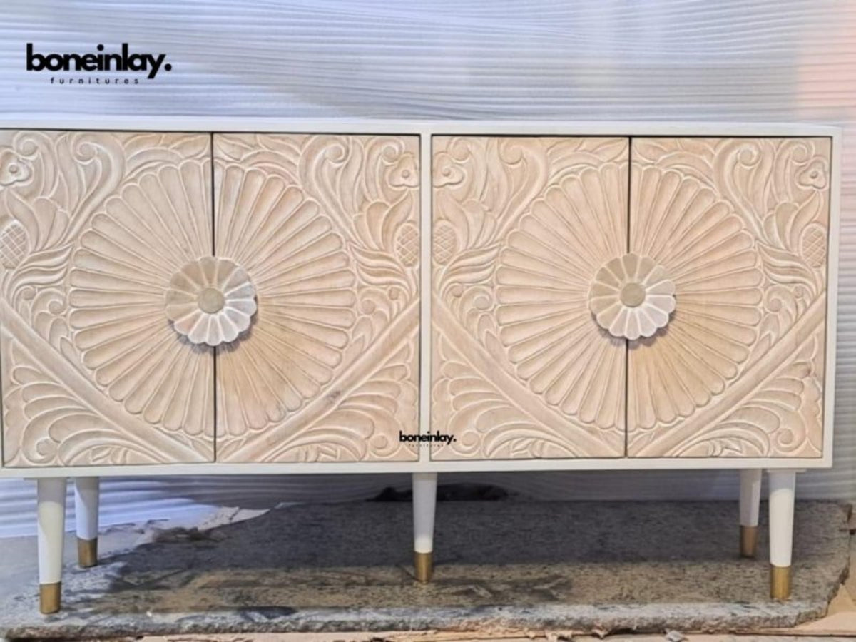 Hand Carved White Color Four Door Media Console Media Console - Bone Inlay Furnitures