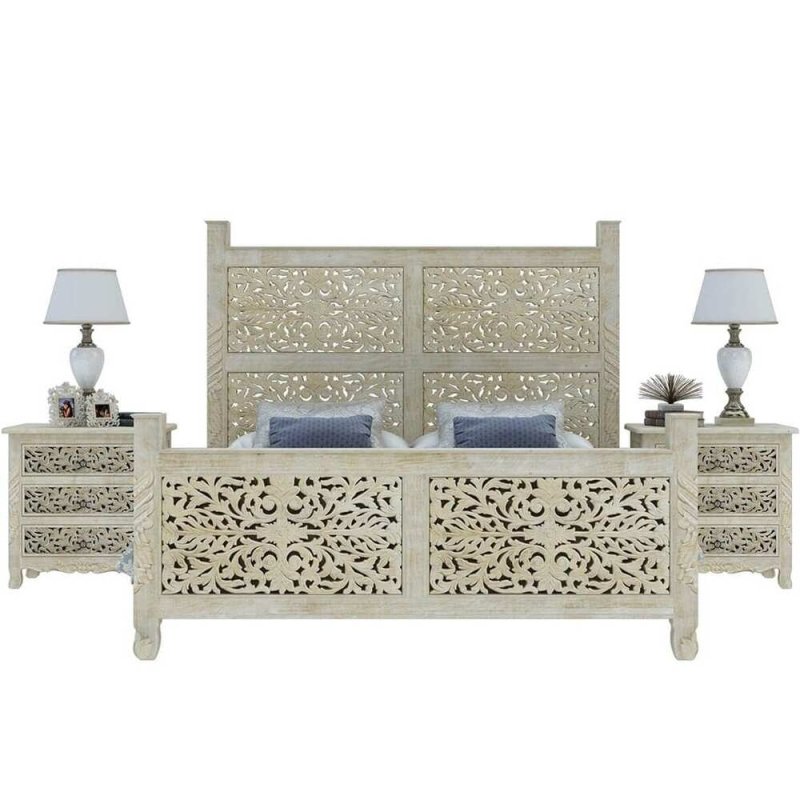 Hand Carved Wooden Bed Beds & Bed Frames - Bone Inlay Furnitures