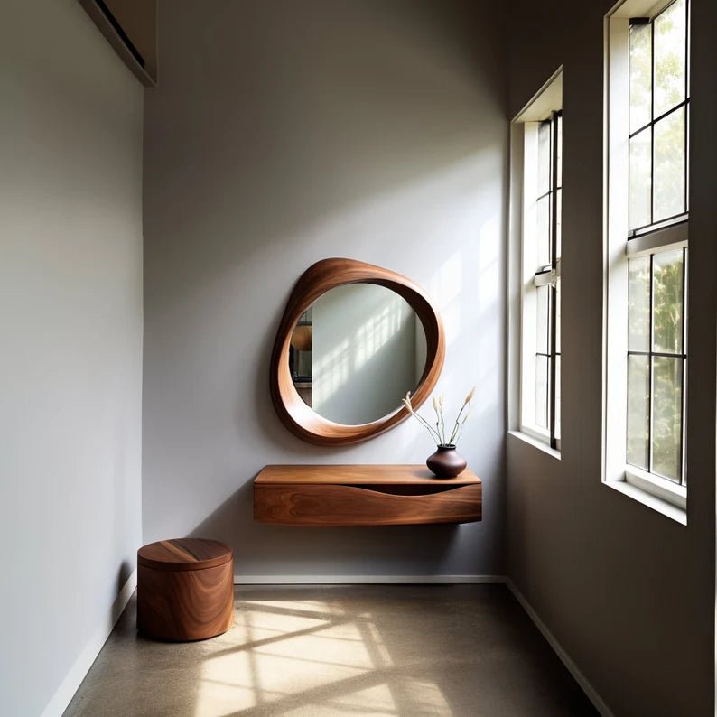 Handcrafted Asymmetrical Walnut Brown Wooden Frame Mirror | Irregular Mirror mirror frame - Bone Inlay Furnitures