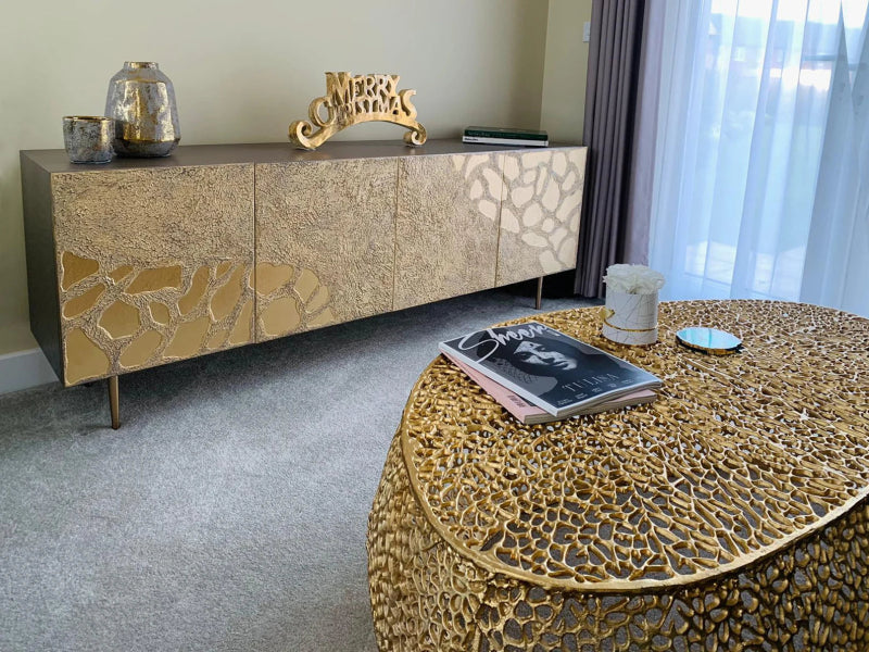 Handmade Art Deco Style Four Doors in Elegant Golden Metal Sideboard Buffet & Sideboard - Bone Inlay Furnitures
