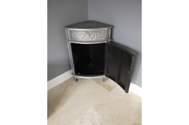 Handmade Blackened Silver Embossed Patterned Metal Corner Cabinet with One door and One Drawer Cabinet - Bone Inlay Furnitures