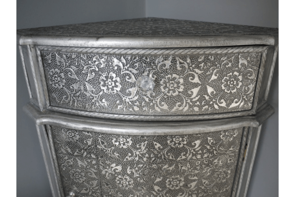 Handmade Blackened Silver Embossed Patterned Metal Corner Cabinet with One door and One Drawer Cabinet - Bone Inlay Furnitures