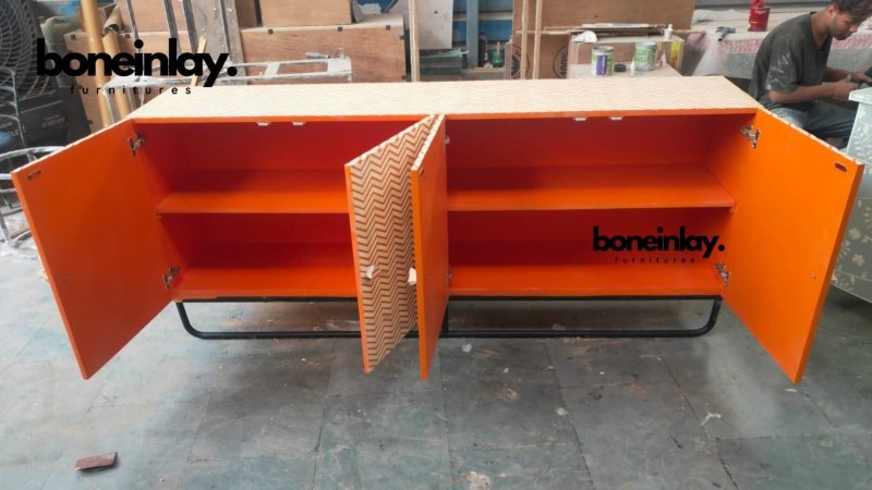 Handmade Bone Inlay Deco Sideboard | Buffet Table In Orange Color Buffet & Sideboard - Bone Inlay Furnitures