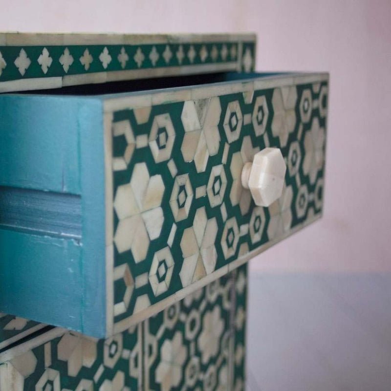 Handmade Bone Inlay Green Color Floral Bedside Nightstand with One Drawer and Two Door Nightstand - Bone Inlay Furnitures