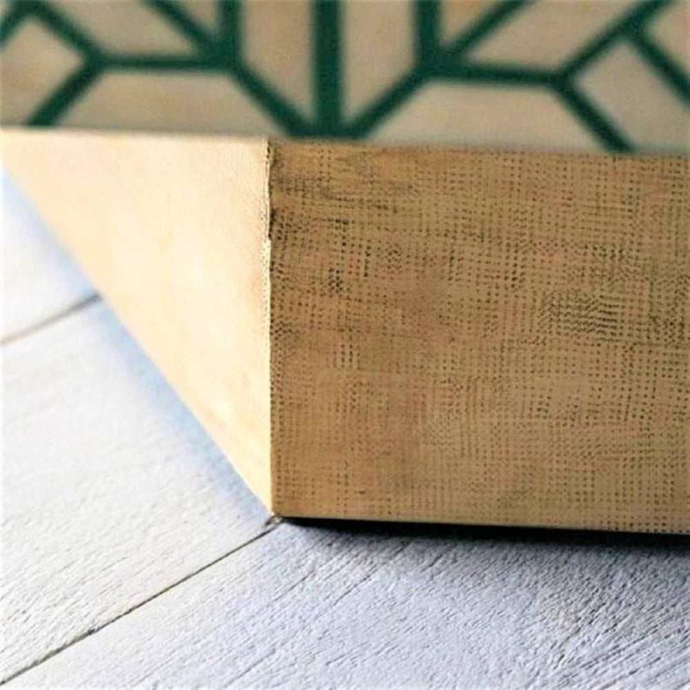Natural mango wood base of a green bone inlay hexagonal coffee table, handmade solid wood construction with geometric inlay pattern