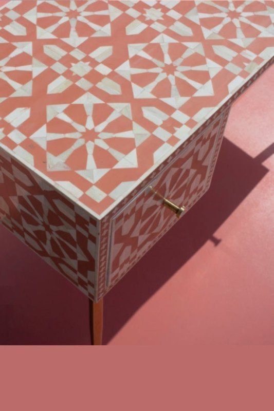 Moroccan Bone Inlay Work Desk | Handmade Laptop Desk with Two Drawers