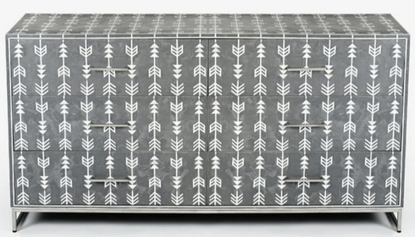 Handmade Bone Inlay Grey Chest of Six Drawers of Indian Craftsmanship