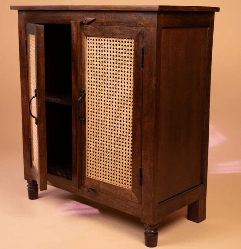 Handmade Cane Design Cabinet in Brown with Two Door Kitchen Cabinet - Bone Inlay Furnitures