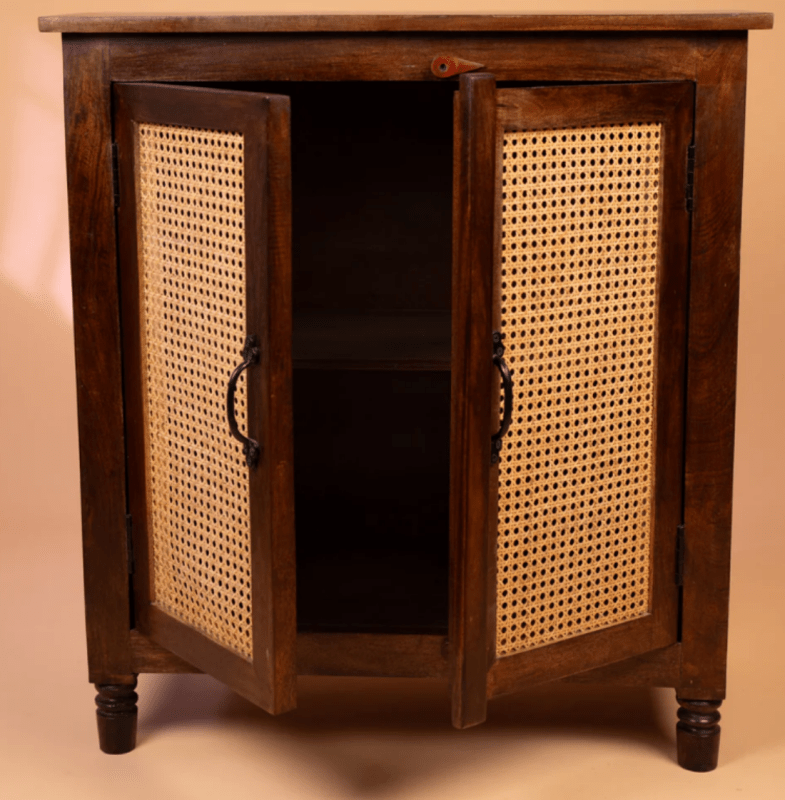 Handmade Cane Design Cabinet in Brown with Two Door Kitchen Cabinet - Bone Inlay Furnitures