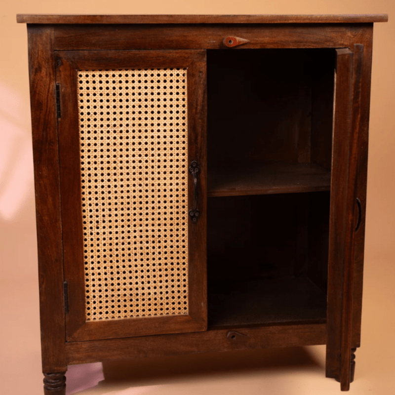 Handmade Cane Design Cabinet in Brown with Two Door Kitchen Cabinet - Bone Inlay Furnitures