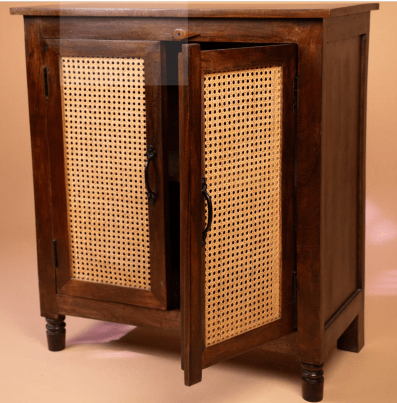Handmade Cane Design Cabinet in Brown with Two Door Kitchen Cabinet - Bone Inlay Furnitures