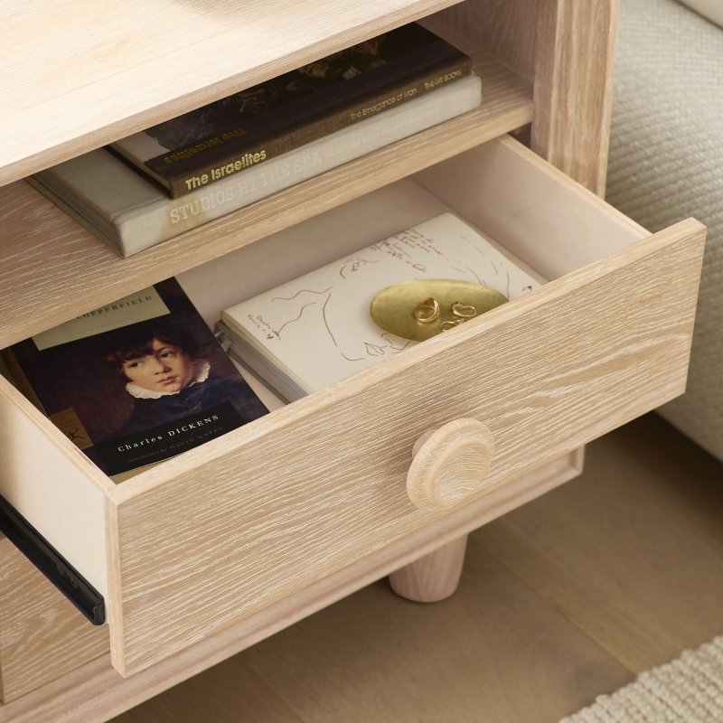 Handmade Designer Wooden Natural Color Bedside Nightstand with One Shelf and Two Drawers Nightstand - Bone Inlay Furnitures